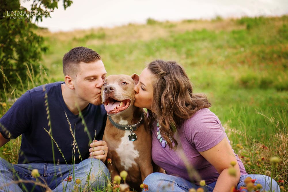 couple kisses smiling dog during photo shoot in plano